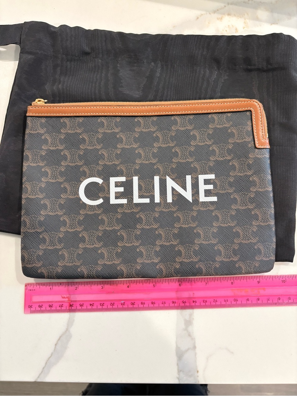 CELINE Brown Monogram Zip Pouch with Tan Trim